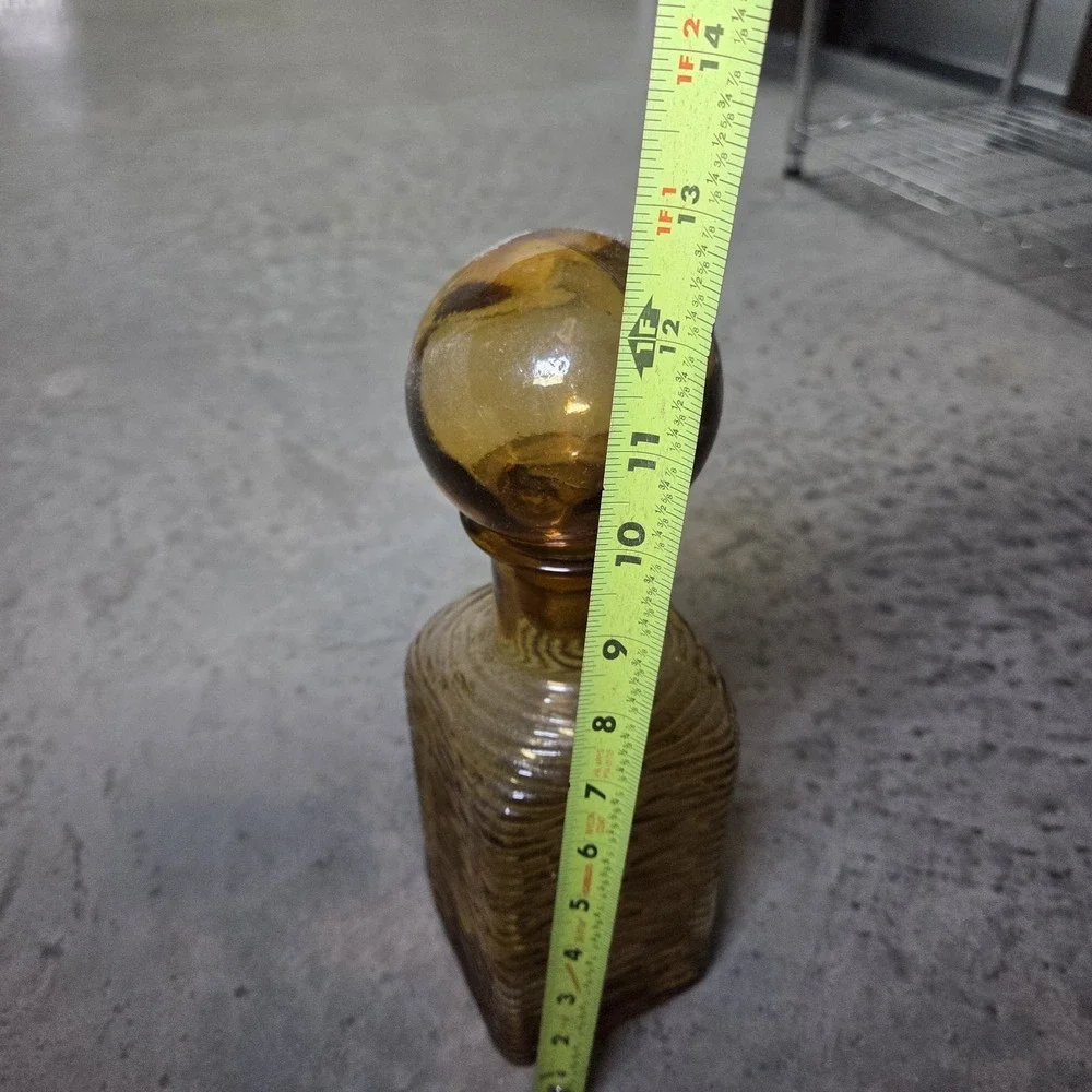 Vintage Amber Glass Decanter with Ball‎ Stopper Ribbed Square Bottle